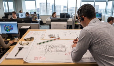 Engineering firm showing worker looking over CAD drawings