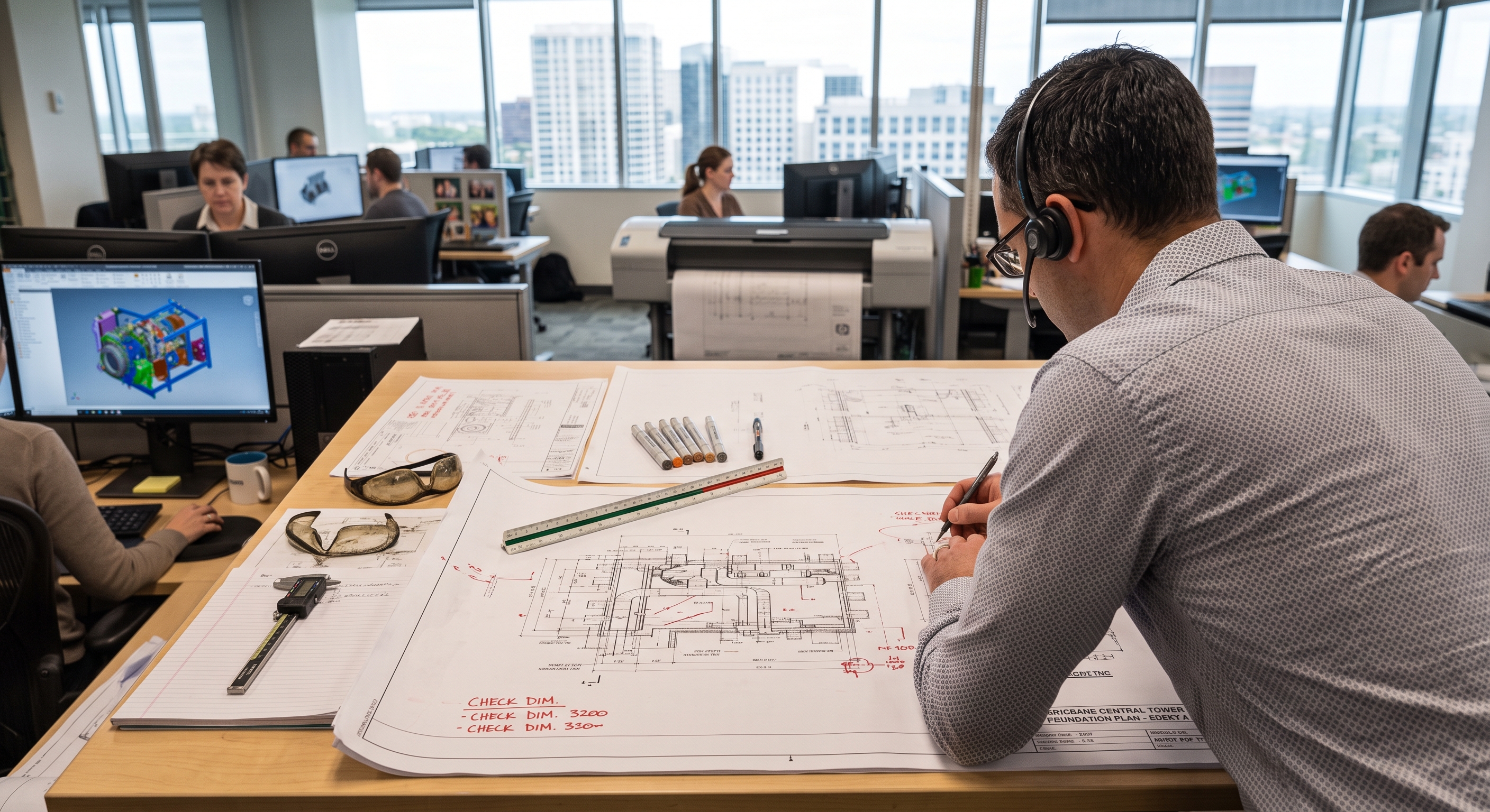 Engineering firm showing worker looking over CAD drawings