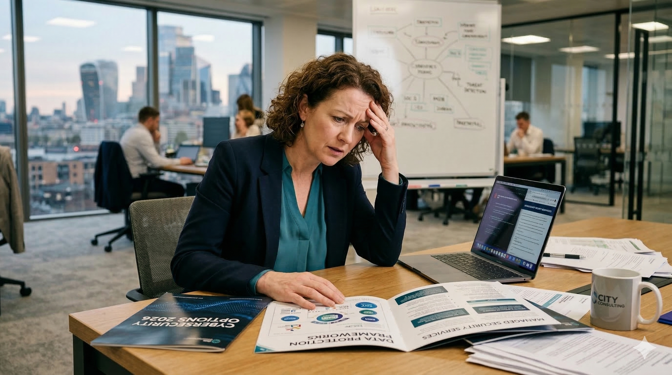 Woman sitting at desk looking at cybersecurity fliers and looking overwhelmed