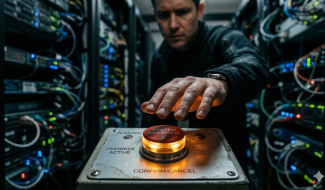 A man about to press the System Override button in the server room, surrounded by server racks and cords.