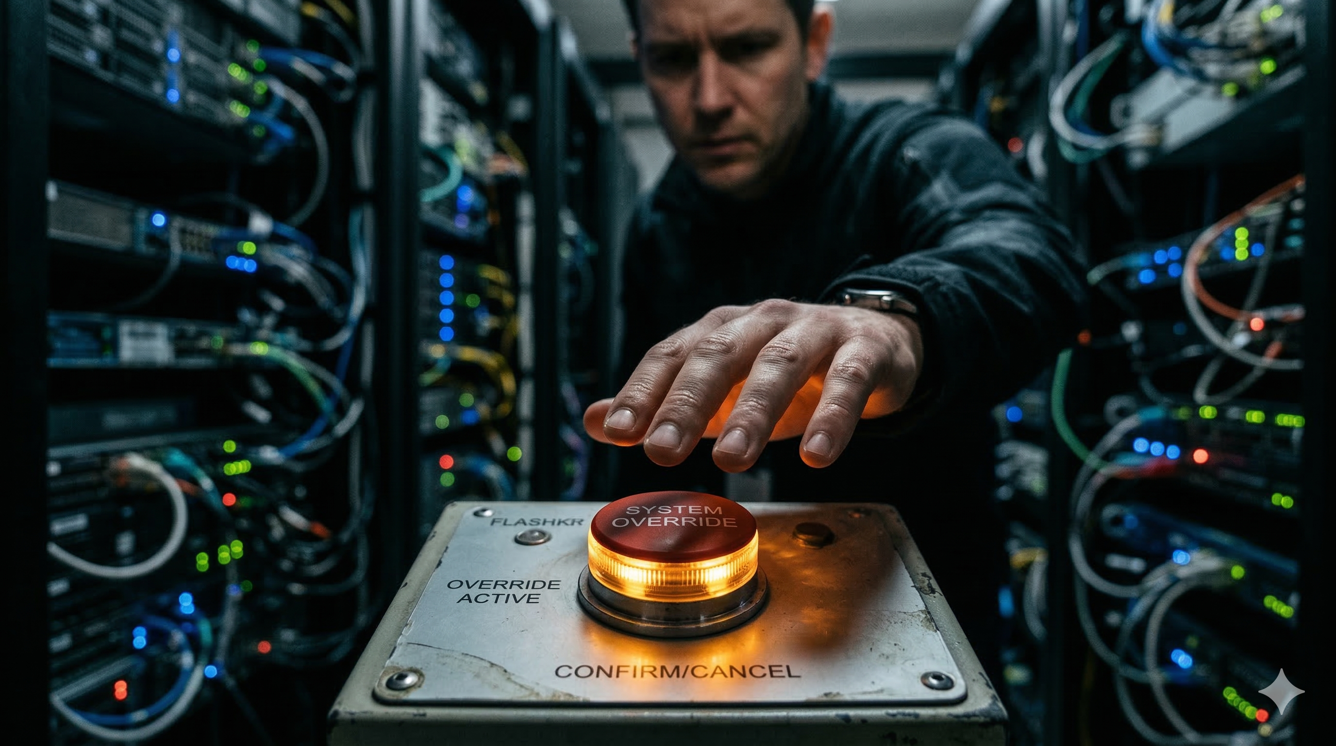 A man about to press the System Override button in the server room, surrounded by server racks and cords.