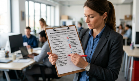 Photo of a woman holding a clipboard with a cybersecurity checklist attached
