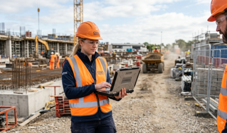 Image of engineers standing on a worksite with a laptop