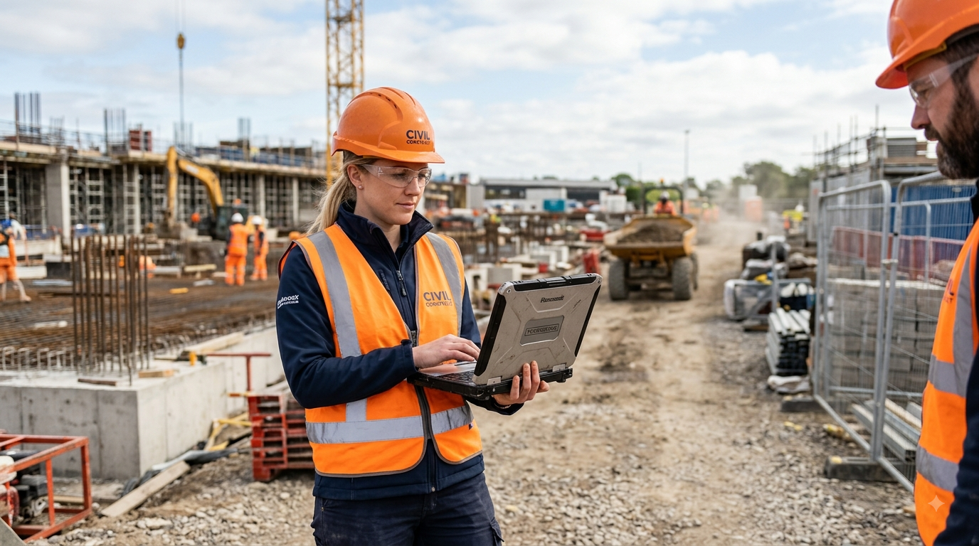 Image of engineers standing on a worksite with a laptop