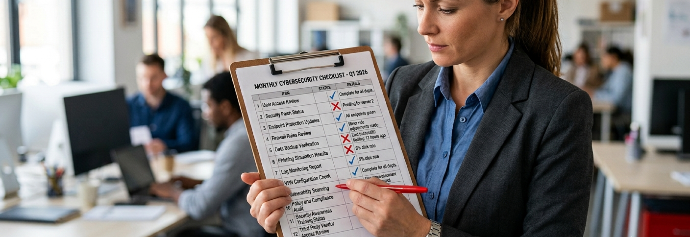 Photo of a woman holding a clipboard with a cybersecurity checklist attached