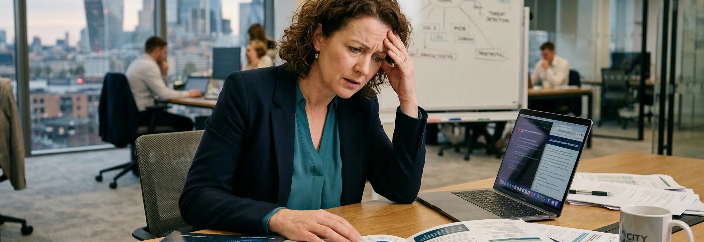 Woman sitting at desk looking at cybersecurity fliers and looking overwhelmed