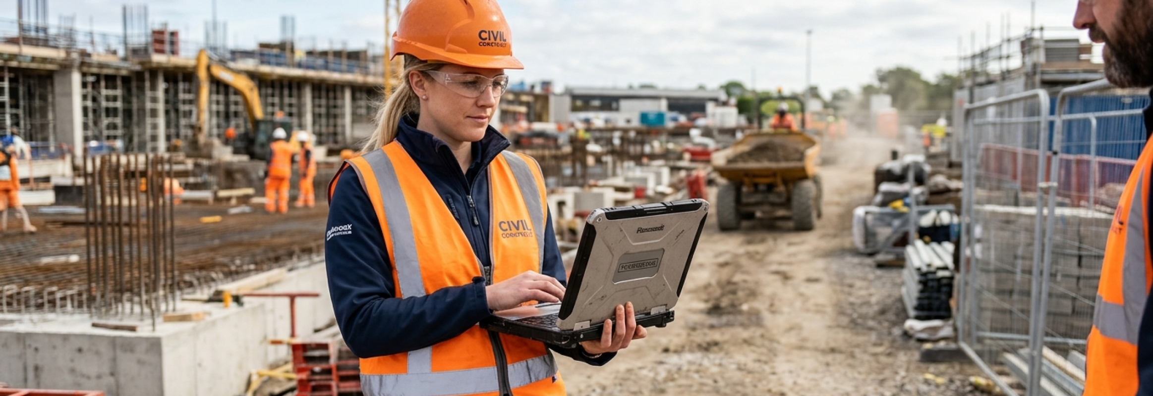 Image of engineers standing on a worksite with a laptop