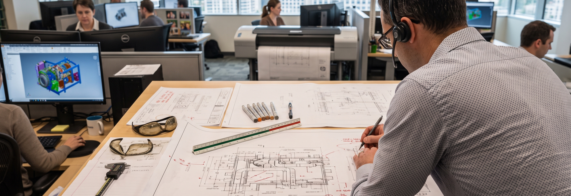 Engineering firm showing worker looking over CAD drawings
